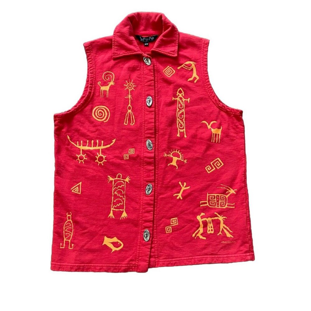 Bfofo Red Sleeveless Vest Top Button Front Pictograph Print Vintage Southwestern